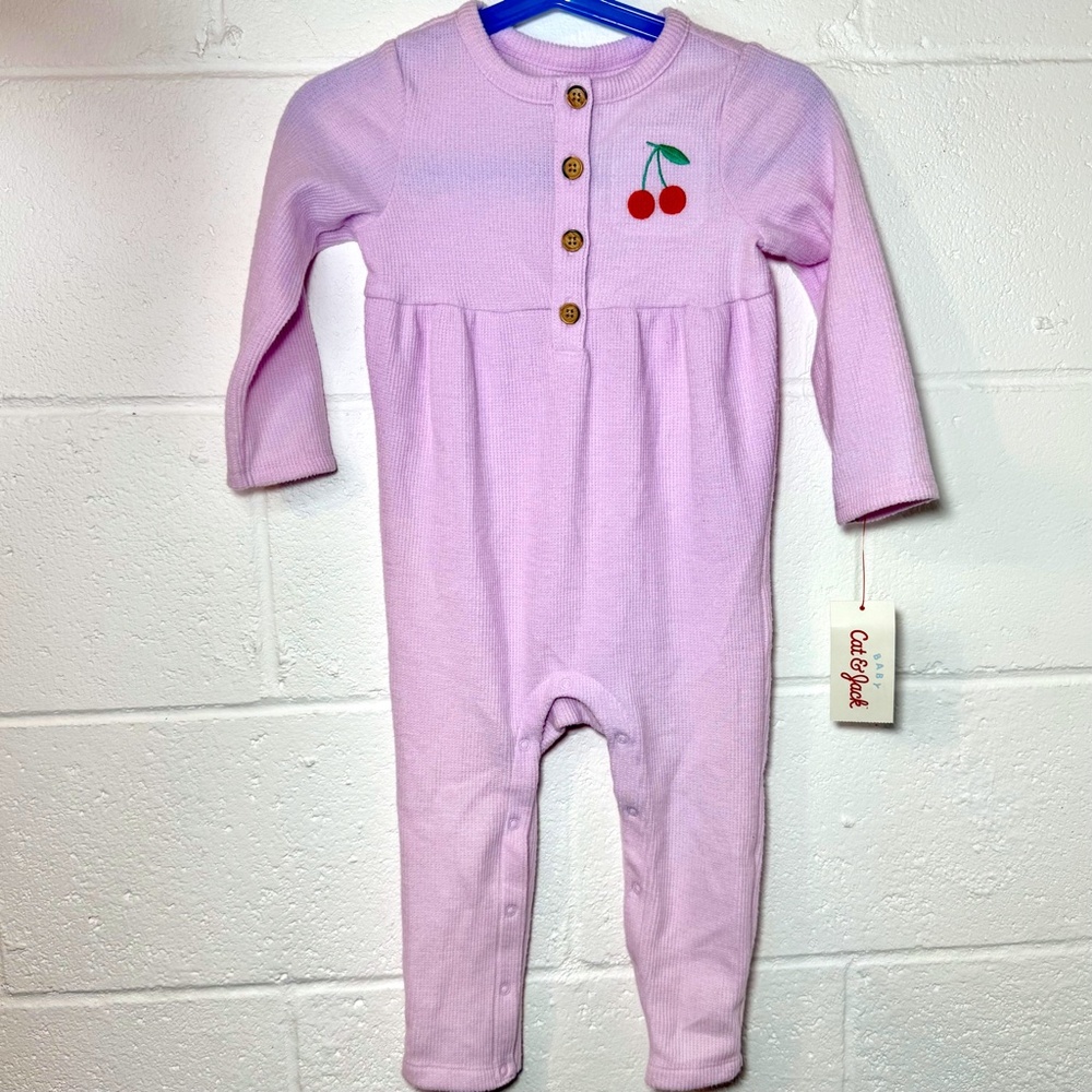 Cat & Jack Pink Waffle Print Romper with Embroidered Cherries 18 Months